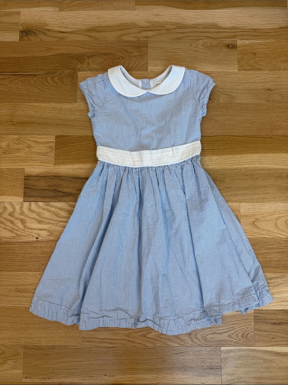 Girls Light Blue Striped Peter Pan Collar Dress with White Waistband